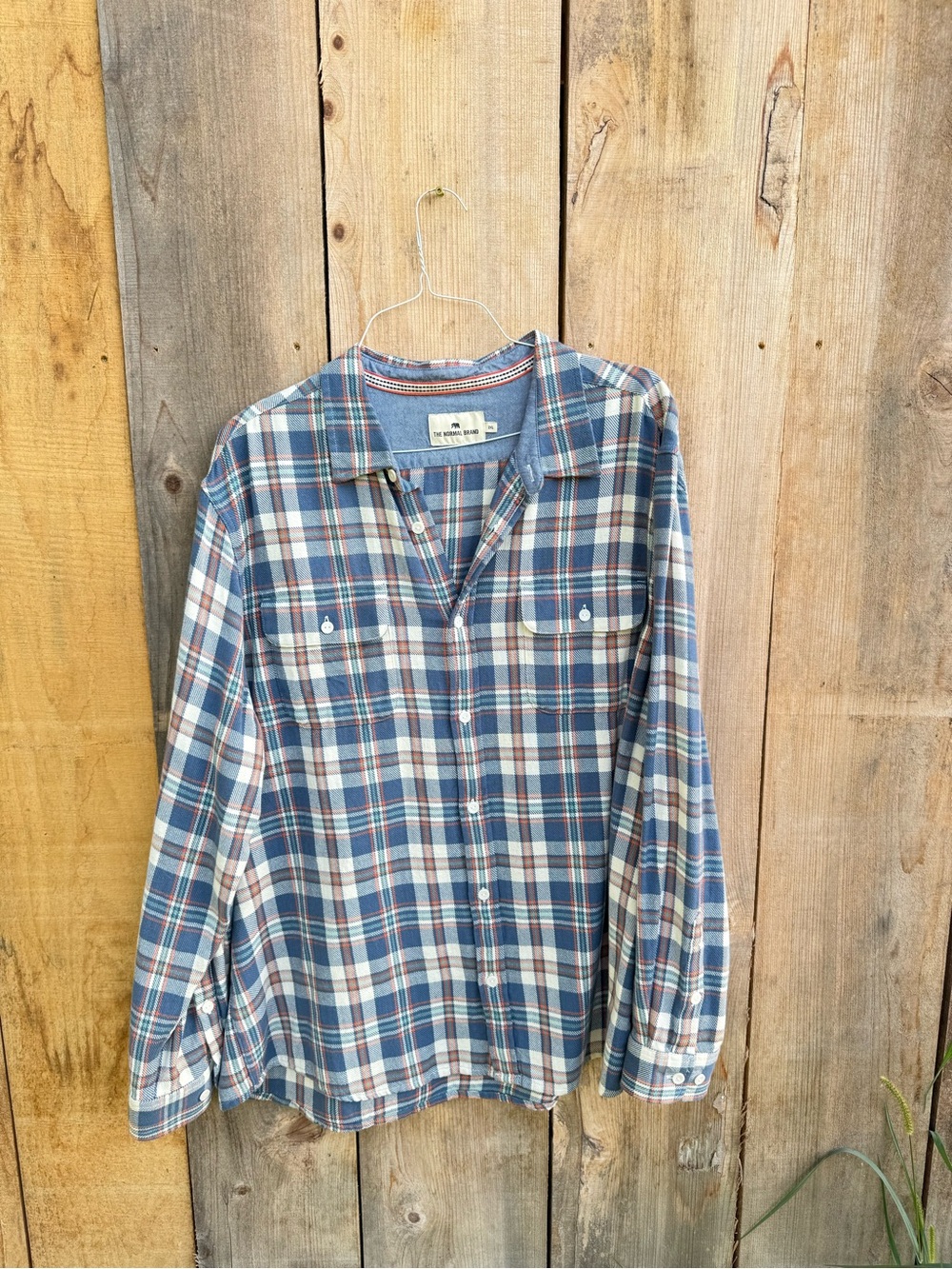 The Normal Brand Blue/White/Orange Plaid Long-Sleeve Men’s Button-Up Shirt 2XL